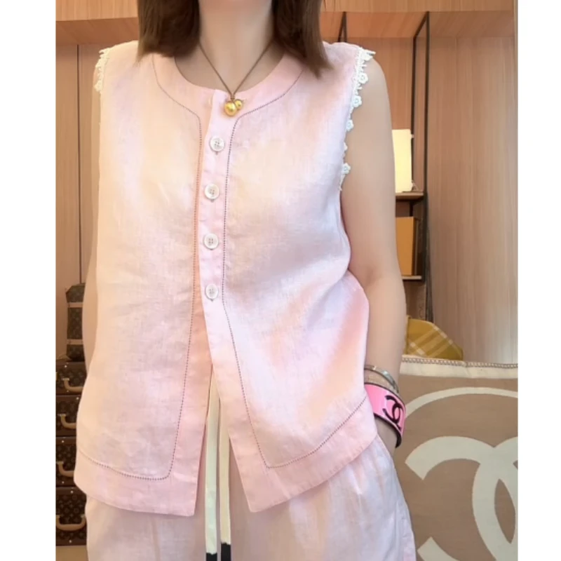 2025新款时尚短款马甲高级感蕾丝边无袖马甲LK2503327