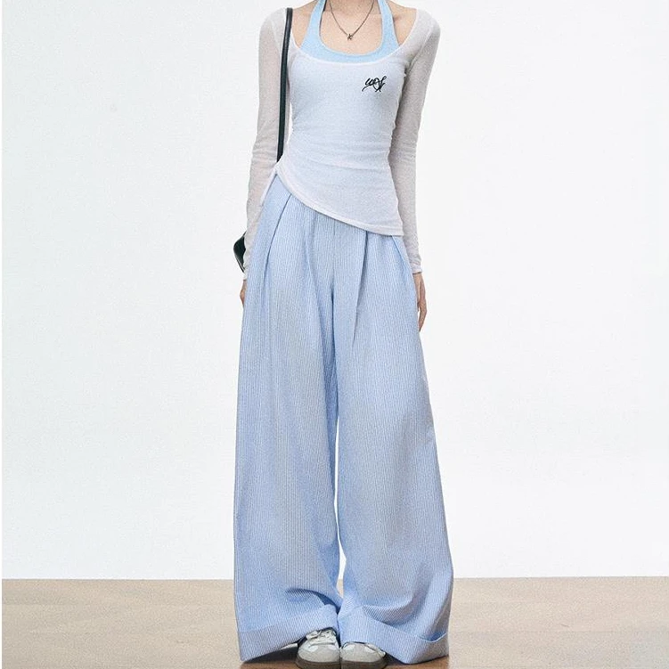 2025新款 WESTAYON蓝色挂脖背心/白罩衫/条纹阔腿裤休闲三件套