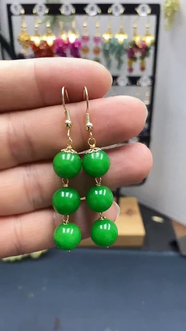 翡翠银S925镀金镶嵌耳饰尺寸10mm连珠