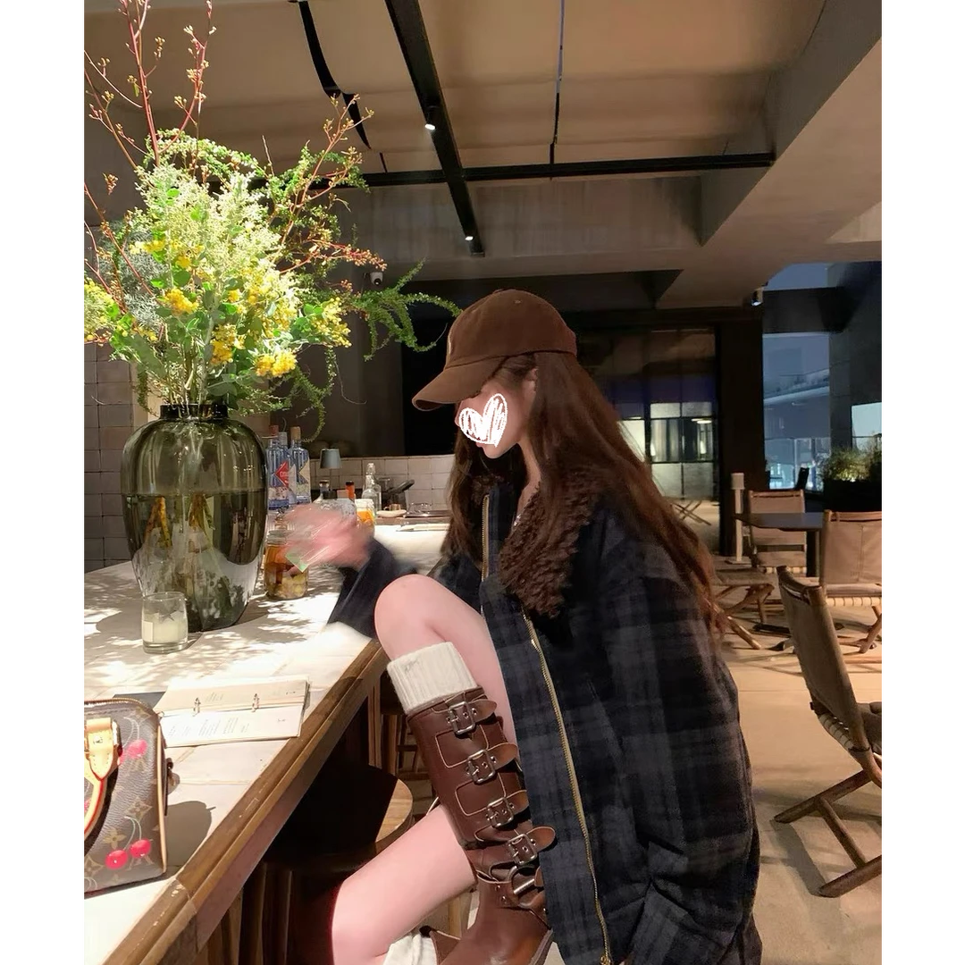 仿羊羔毛领格纹棉服女冬季含羊毛复古设计感宽松外套3310