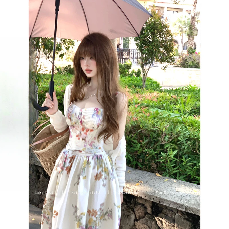 夏季拉链多巴胺法式手工压褶鱼骨碎花连衣裙连衣裙复古印花ol碎花