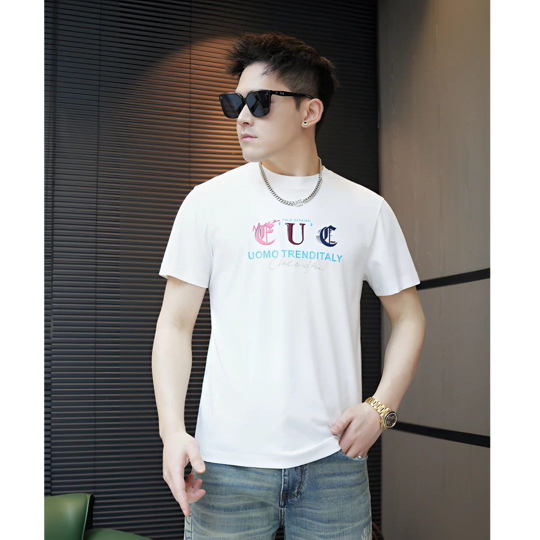 2025夏季男士新款立体刺绣休闲圆领潮流修身短袖t恤潮牌百搭半袖