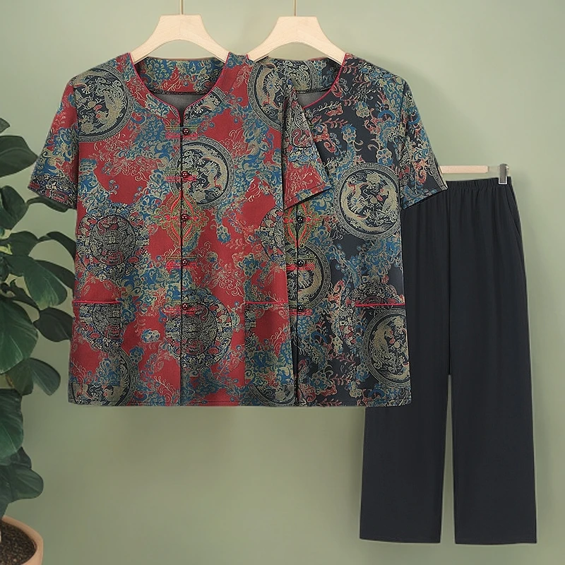 中老年人夏装女妈妈短袖衬衫老人衣服裤子太太开衫奶奶新中式套装