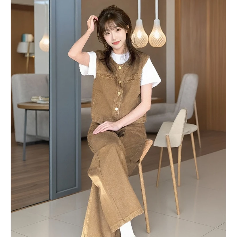 猫仕棕色无袖马甲夹克女2025年春秋新款美式休闲宽松复古坎肩套装