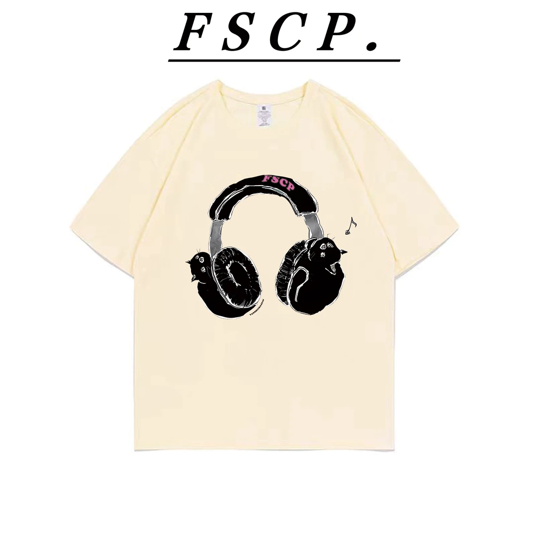 【FSCP.】耳机猫咪！纯棉短袖重磅卡通印花潮流百搭T恤