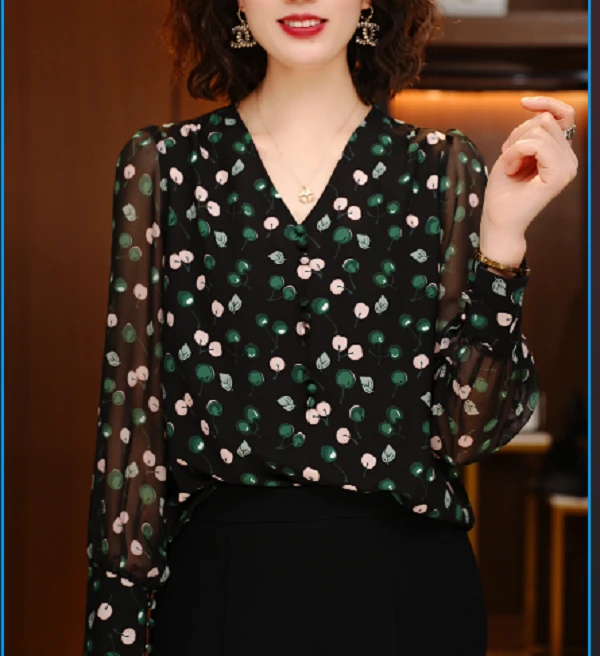 翡翠樱桃-高端长袖时尚上衣女显瘦显白百搭印花圆领减龄