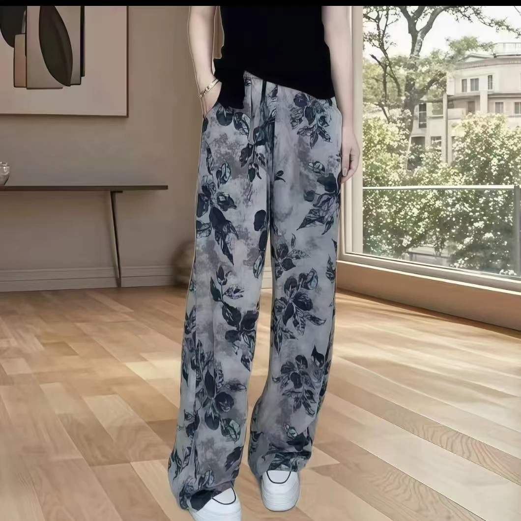 2025夏新款优雅淑媛松紧腰绸面印花休闲裤显瘦直筒阔腿空调裤