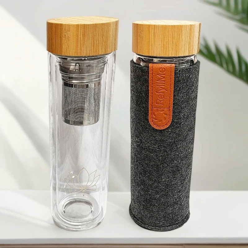 茶水分离杯！双层隔热泡茶杯木盖简约便携玻璃杯F787