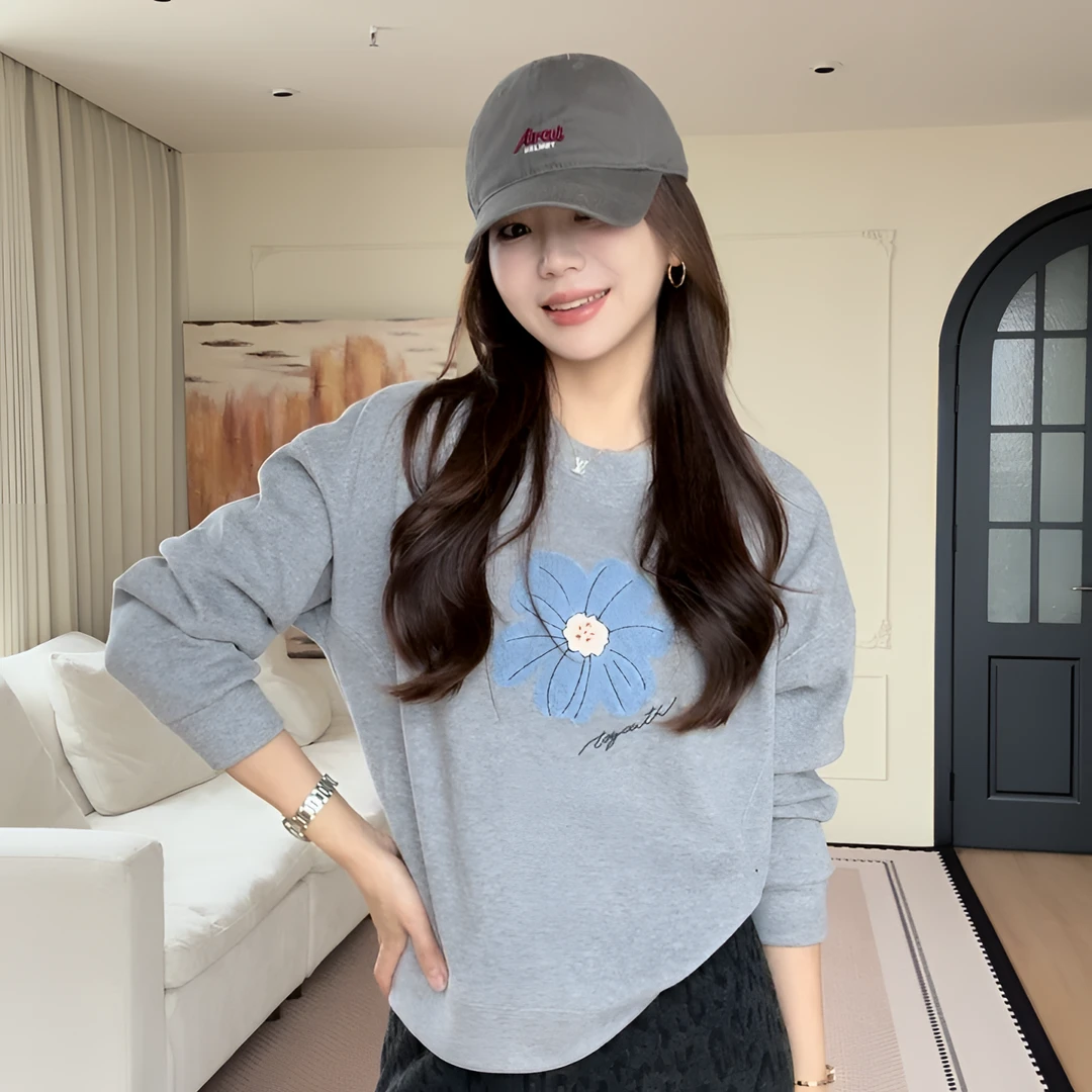 【余欢欢】秋冬休闲百搭时尚保暖毛巾绣花朵加绒卫衣-YHW50951