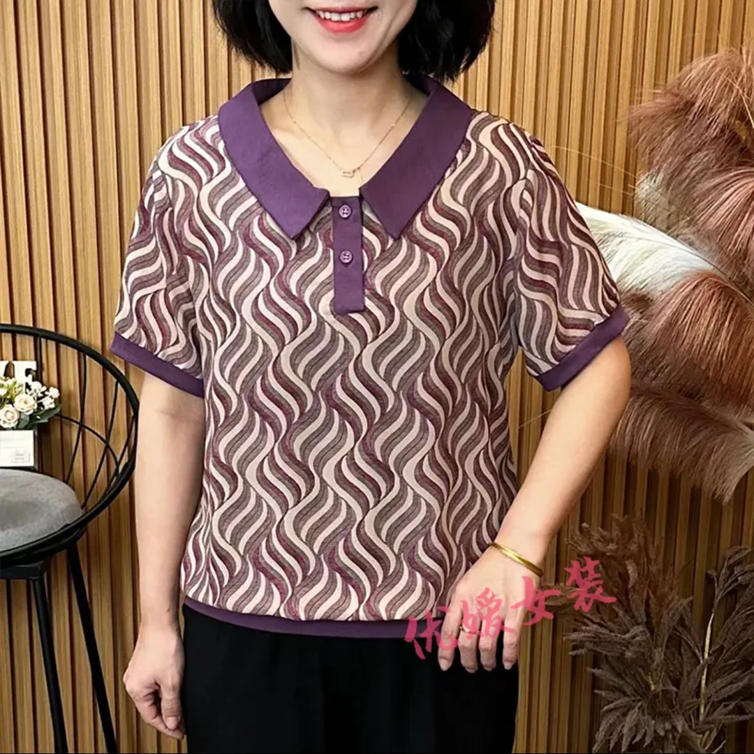 夏季新款时尚妈妈娃娃领提花短袖衬衫洋气拼接气质宽松减龄小衫女