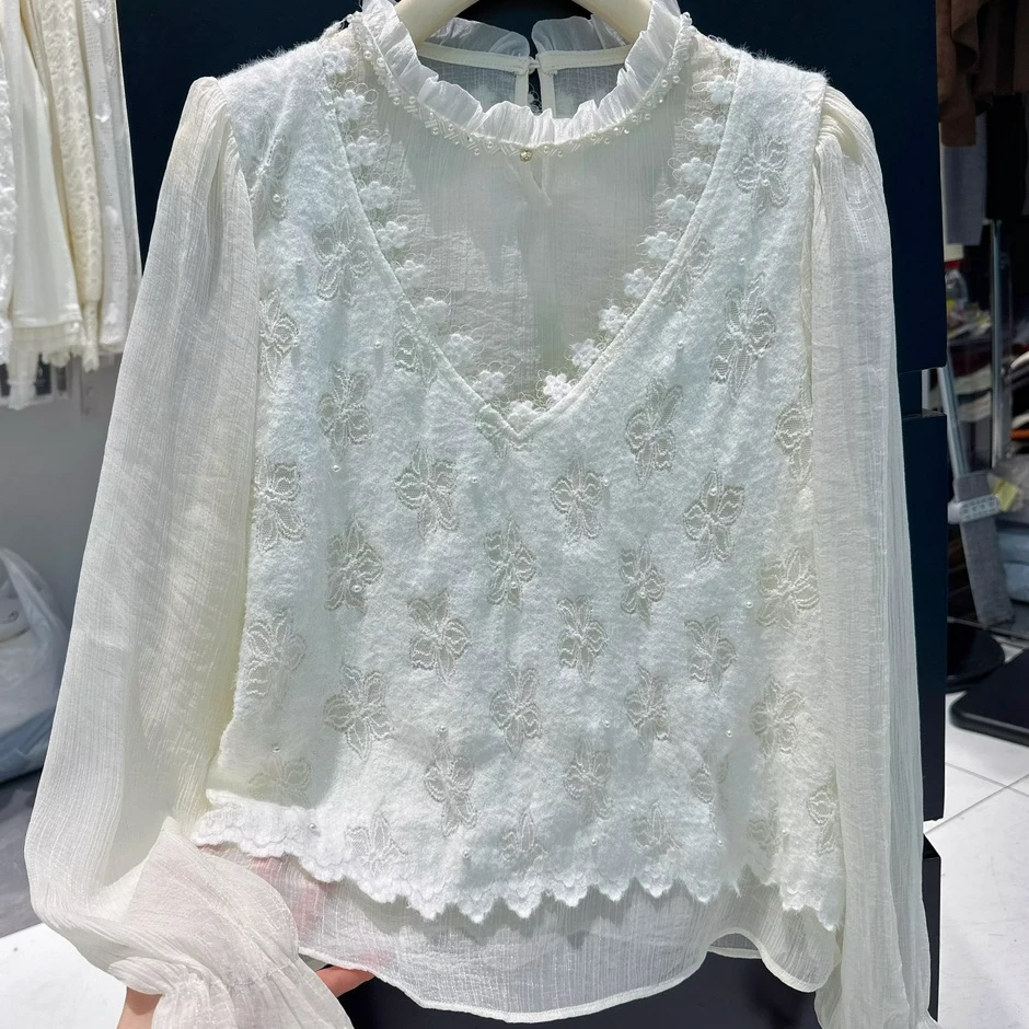 圆宝定制【奶酥白茶】2026早春新款气质拼接假两件长袖衬衫ZX26CC06