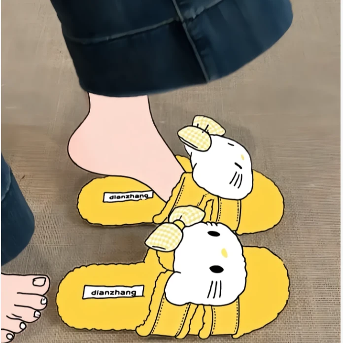 可爱卡通露趾奶呼呼毛毛鞋女2025秋冬新款小猫百搭休闲外穿一字拖