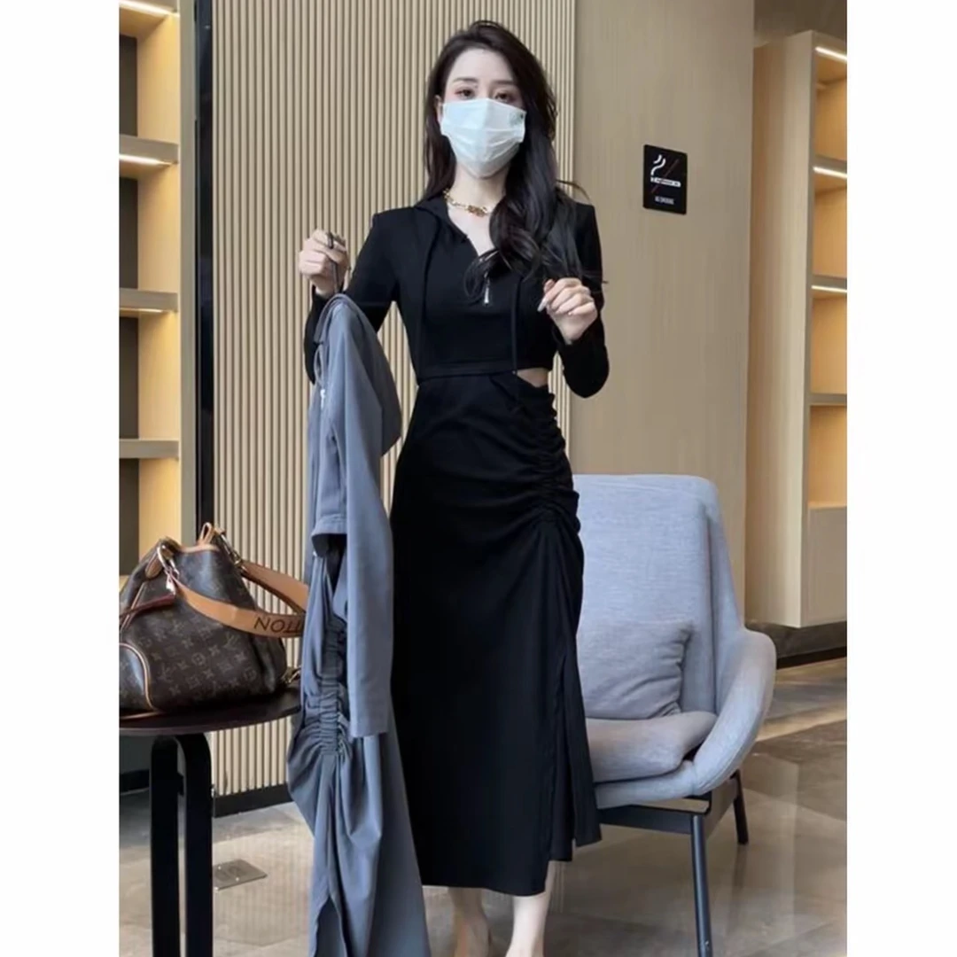 长袖连帽秋季长裙套头春秋连衣裙包臀修身裙子不规则