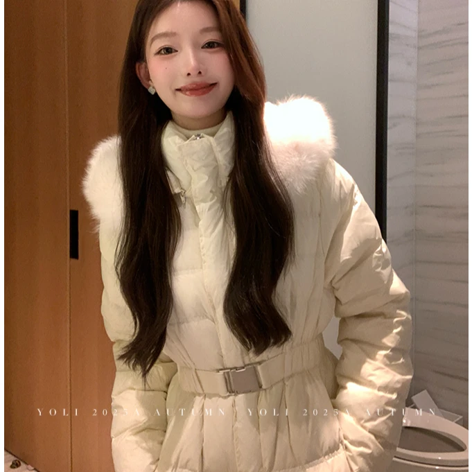 炽铂2025秋冬新款 毛领收腰连帽棉服女保暖长款巨好看网红款百搭