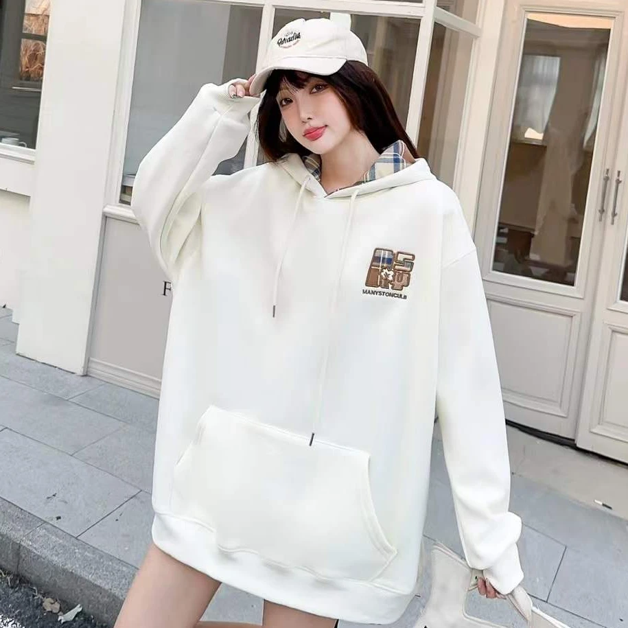 【贴布绣+格纹帽】婴儿绒重工刺绣连帽加绒加厚卫衣女新款宽松外套