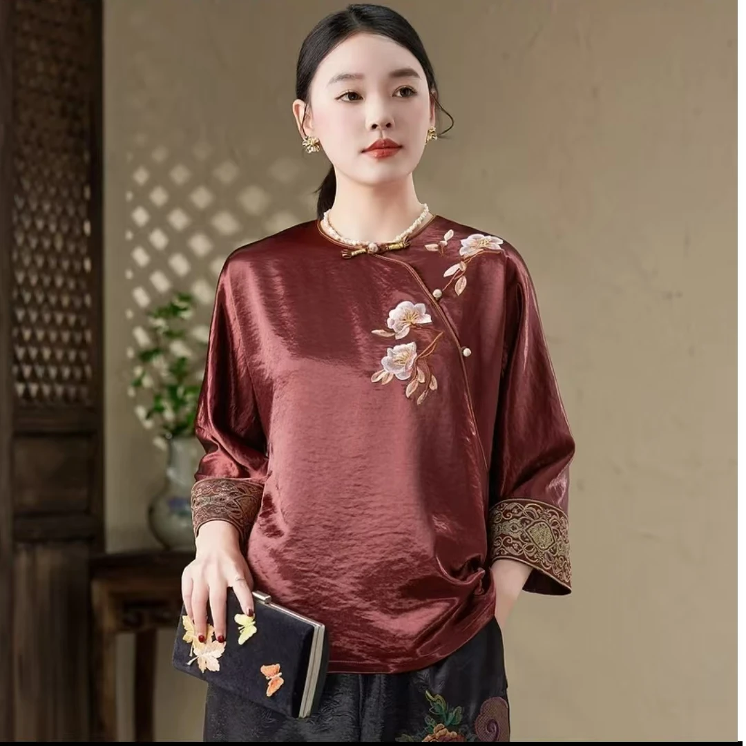 春夏款气质优雅时尚中式国风刺绣纯色百搭宽松显瘦上衣