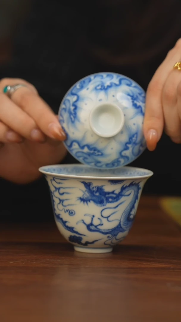 【闪购商品】【元岚堂】元青花薄胎龙纹二才盖碗 大盖钮