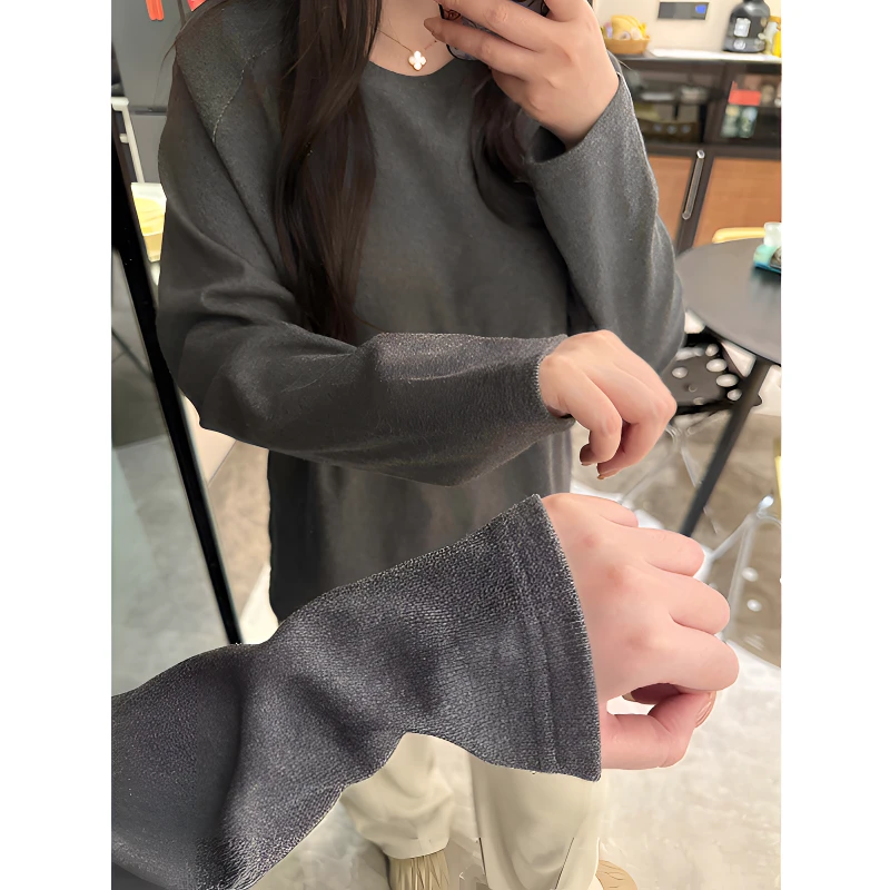 人棉抓毛插肩袖套头卫衣秋冬女款设计感下摆开叉慵懒休闲打底上衣