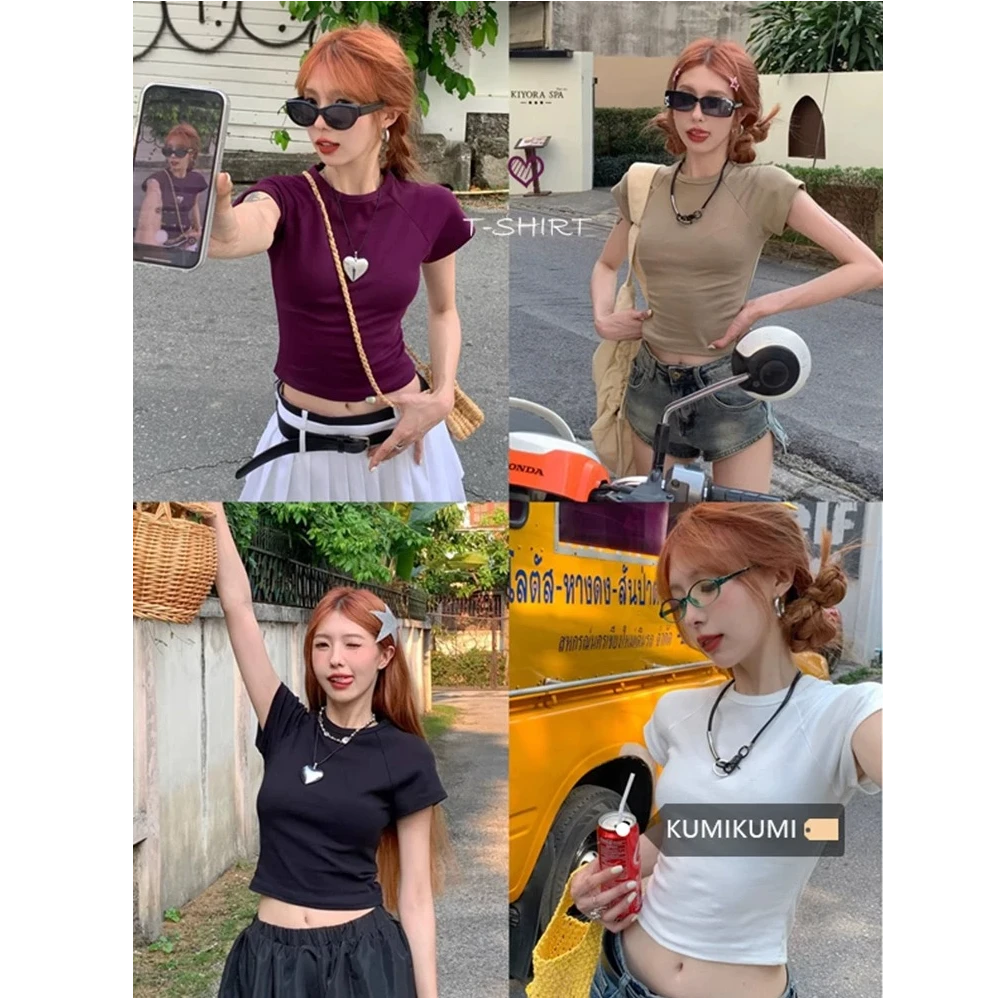 白色正肩短袖T恤女夏季新款短款上衣辣妹紧身露脐显瘦打底衫ins潮