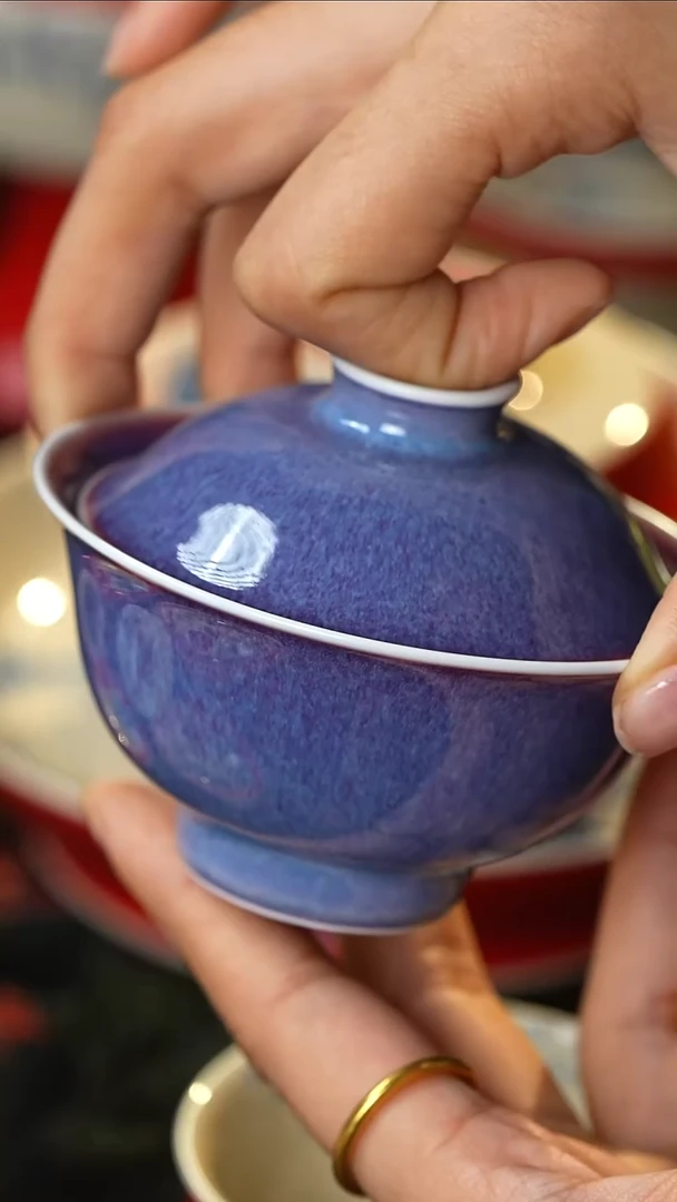 景德镇高温纯手工手绘紫钧宝宝盖碗