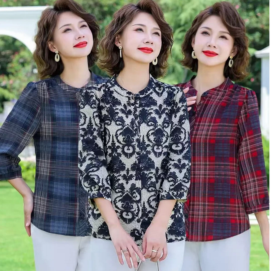 2029-时尚上衣四季外套衬衫百搭印染格子休闲七分袖