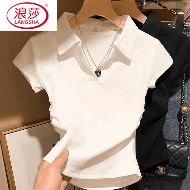浪莎T恤短袖收腰短款2025年polo领修身休女夏季白色上衣翻领