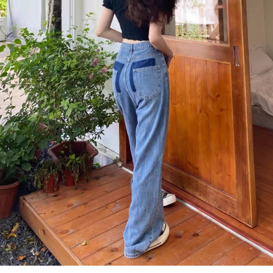 2535款复古口袋拼色直筒牛仔裤