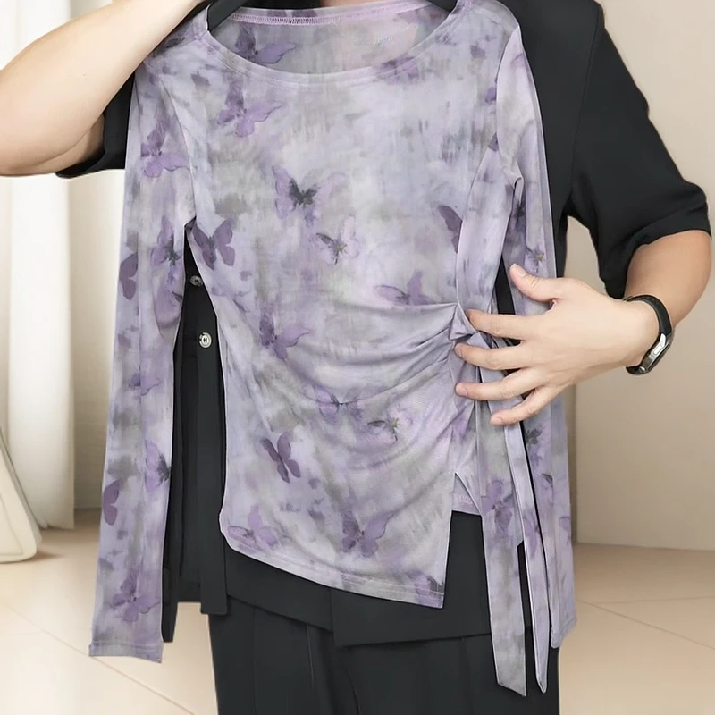 【紫影蝶韵】夏季蝴蝶印花气质绑带设计感网纱T恤女百搭罩衫