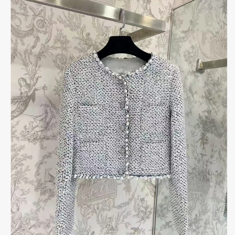 资雅 蓝色花纱编织单排扣圆领小香风薄款长袖短外套