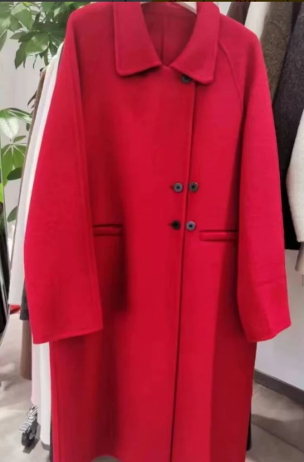 冬季休闲风常规款女卷袖毛呢外套红色中长款女装25114