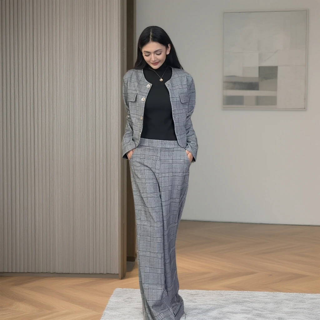 千鸟格正装时尚套装针织秋冬西装气质西裤千金风灰色商务格子