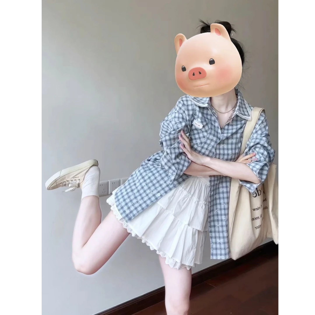 韩系蓝色格纹衬衫外套女内搭小个子时尚气质温柔系吊带裙子两件套