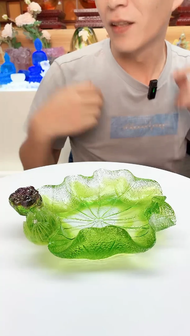 手工艺品琉璃绿色荷叶果盘18公分