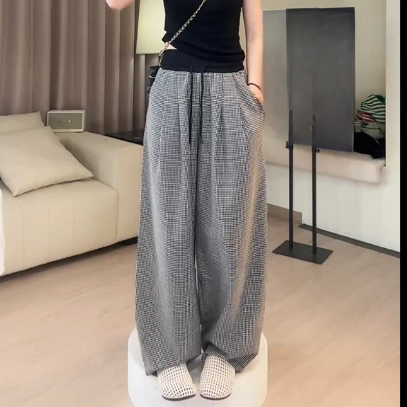 【捕梦少女】夏季新款韩系百搭舒适慵懒高腰格子阔腿裤LK2503475