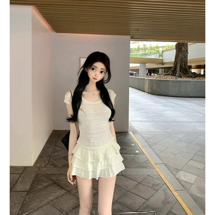 2025年夏季韩系百搭新款温柔风钩花套装薄款镂空针织衫两件套