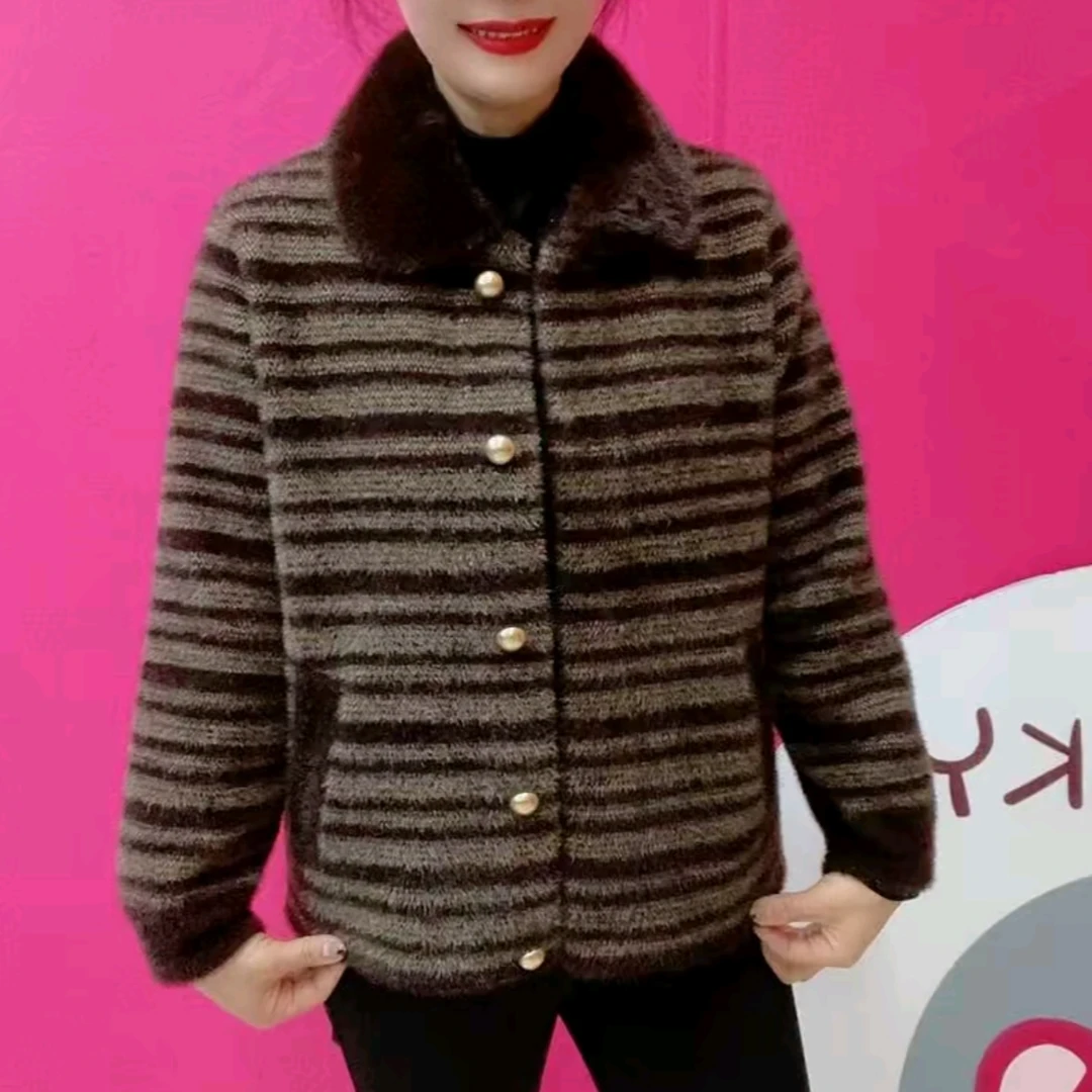 2025冬季新款高级时尚中年妈妈加厚毛衣气质百搭拼接条纹时尚外套