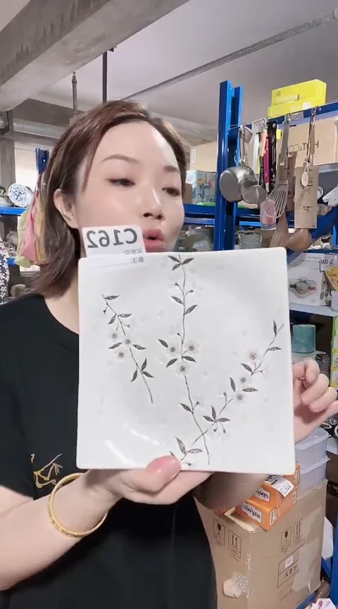 瓷片全新高端瓷器白樱17CM方盘C162