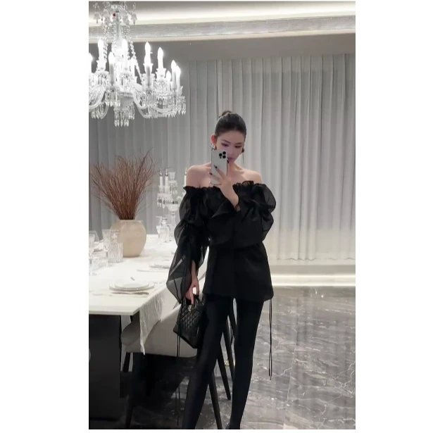 2025夏季新款美式辣妹木耳边一字肩褶皱绑带灯笼长袖连衣裙短裙女