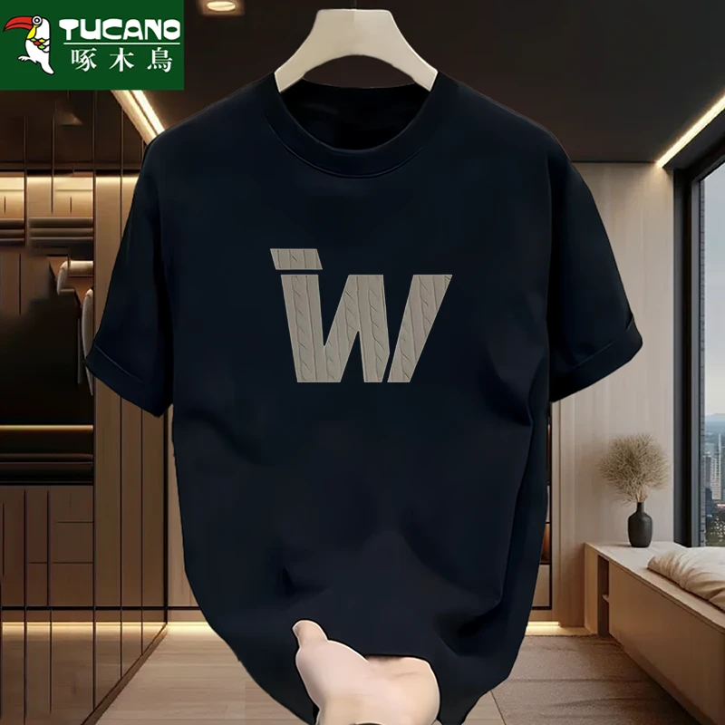 啄木鸟美式纯色T恤休闲宽松男士运动大码圆领港风ins短袖卫衣男