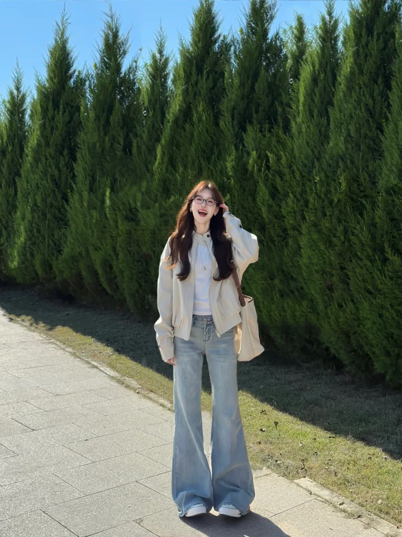 2025早秋新款米白色立领拉链夹克薄款外套搭配牛仔裤显瘦两件套女