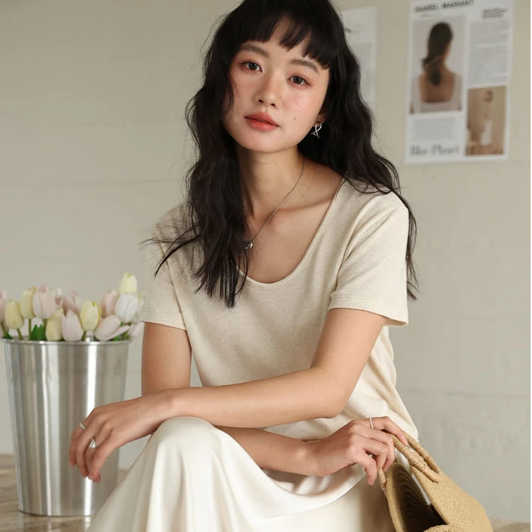 新款春夏天丝打底衫女莱赛尔鹅蛋领亚麻T恤亲肤显瘦短袖上衣30712