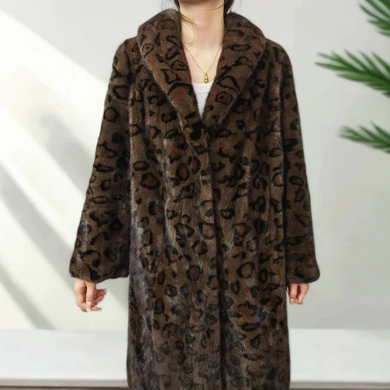 （100cm）新款豹纹棕色西装领青果领女装水貂皮草大衣