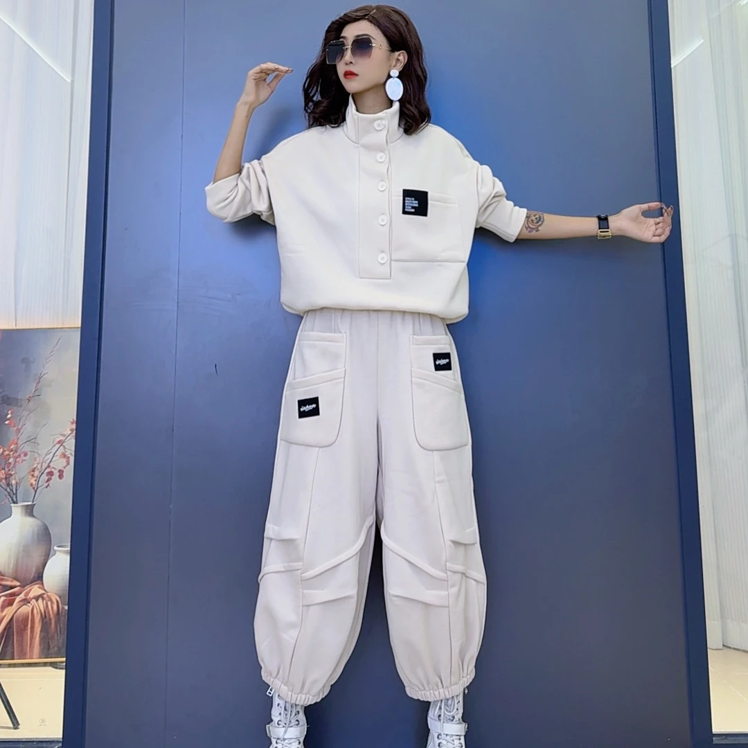 秋冬潮流立领韩版长袖加绒卫衣-休闲气质洋气时尚宽松阔腿灯笼裤