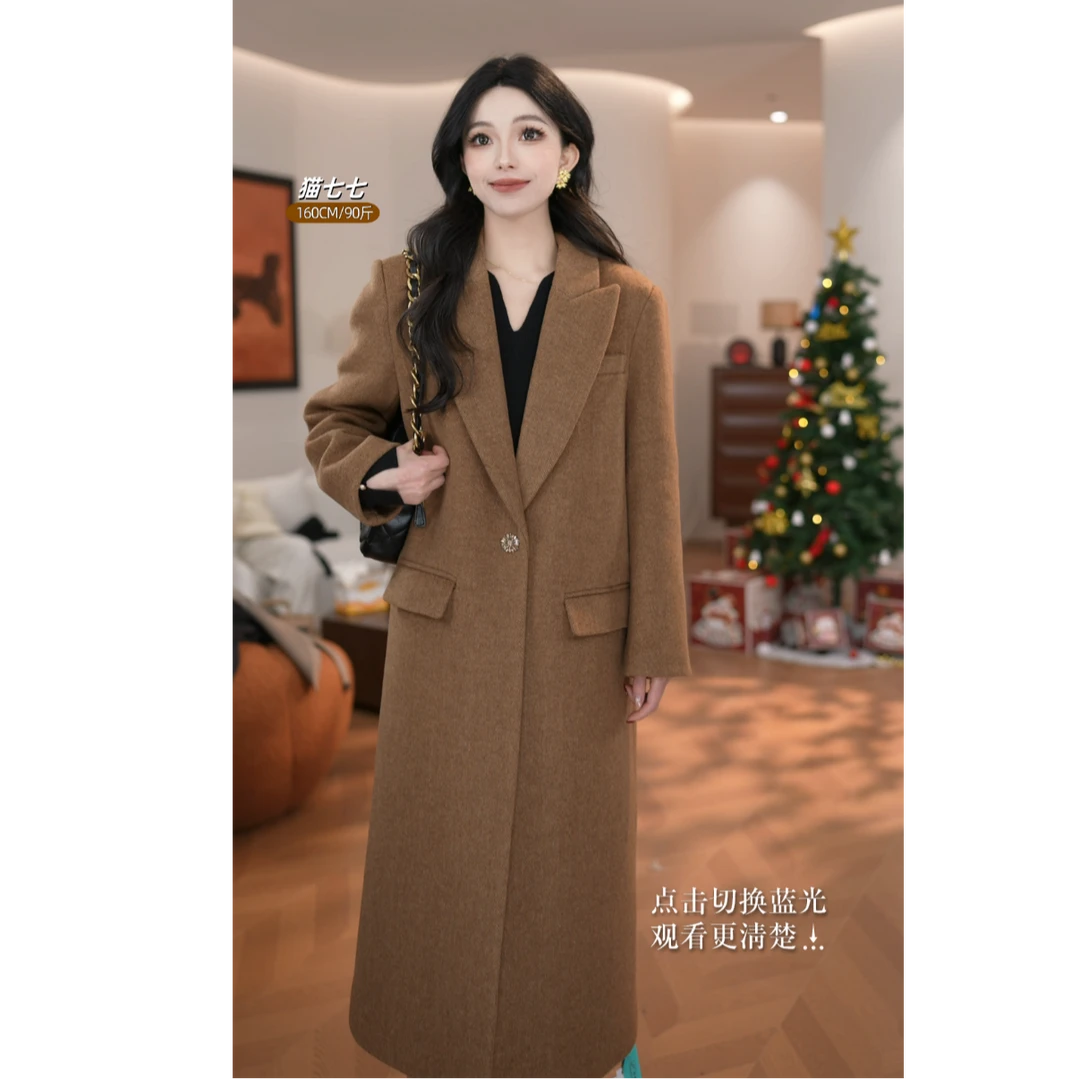 【猫七七】轻奢女士经典设计师翻领秋冬双排扣人字纹大衣