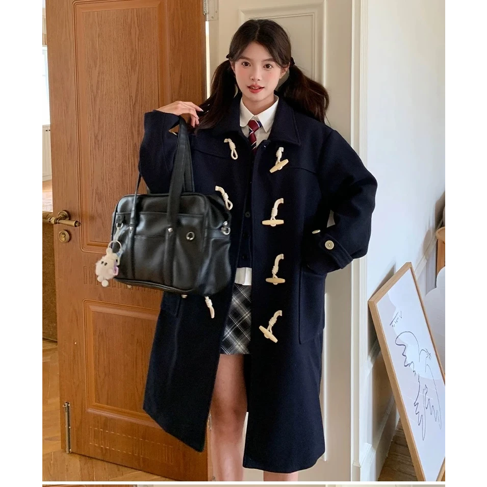 东京岁时记jk冬季中长款大衣新款夹棉可机洗外套牛角扣毛呢女装