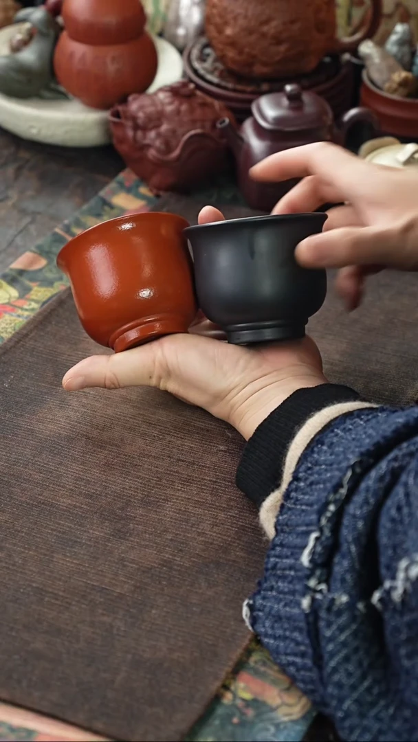 石黄朱泥光素紫砂杯铃铛杯对杯