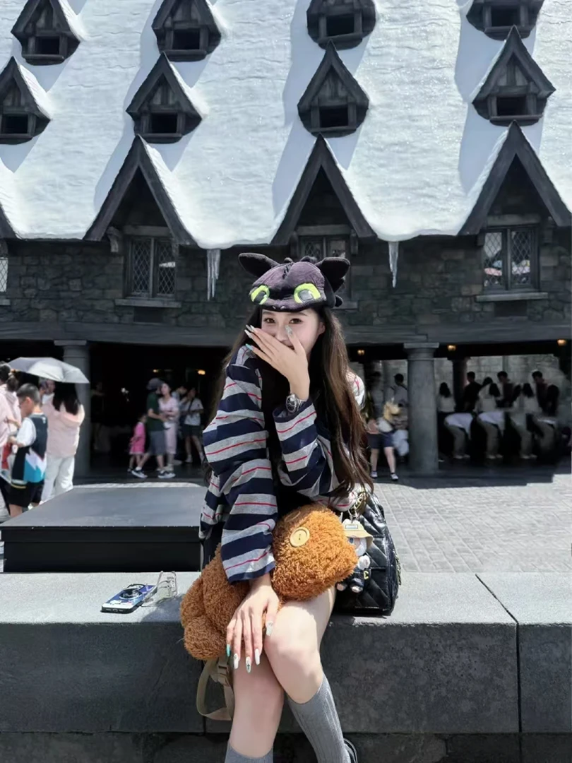 谬系甜酷灰蓝撞色长袖宽松字母条纹拼色显瘦口袋圆领T恤