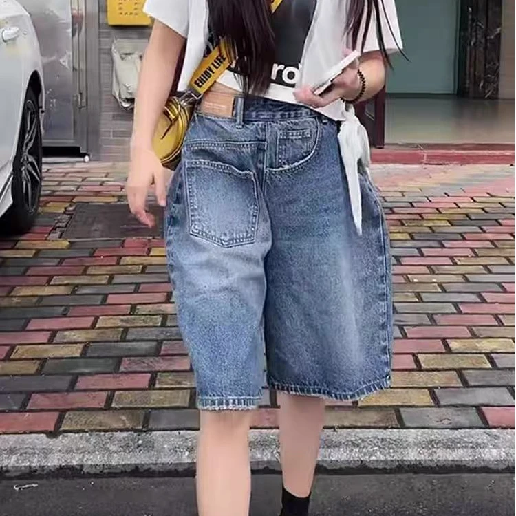 D8955设计感不规则解构五分裤女夏季街头水洗宽松牛仔短裤