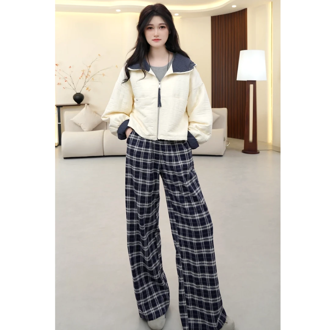 梦乐羽 韩版连帽格子拼接绗线棉服外套秋冬新款棉衣时尚百搭