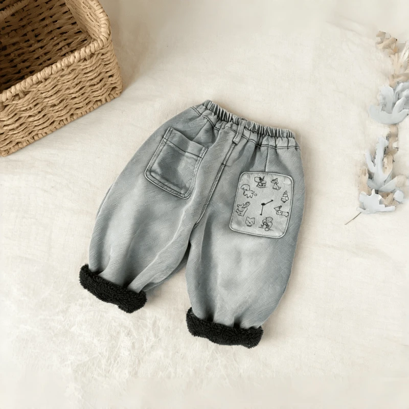 2025新款复古水洗卡通图案加绒牛仔裤男女童宝宝保暖休闲长裤
